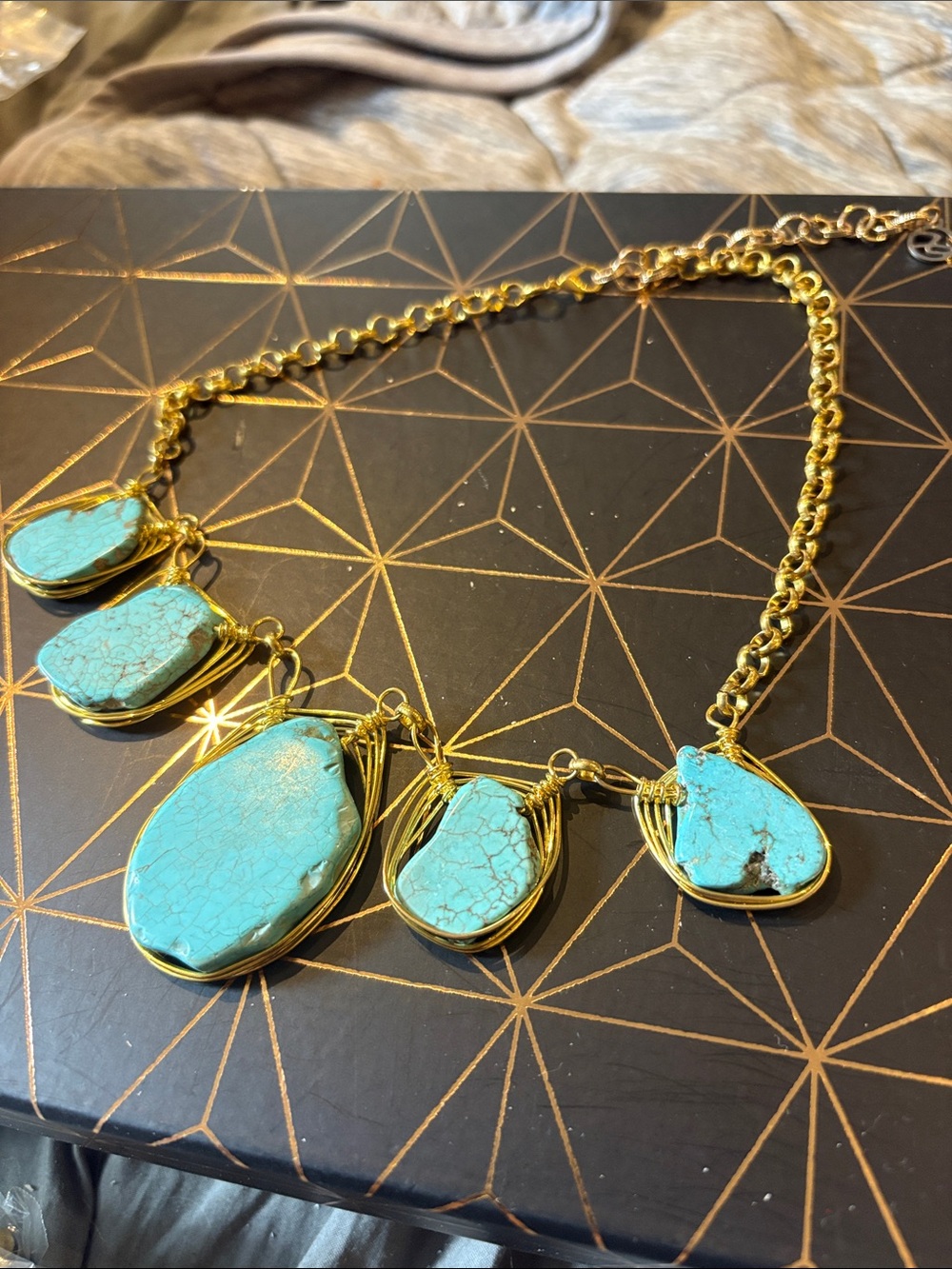 Gold Chain Necklace with Turquoise Stone Drops